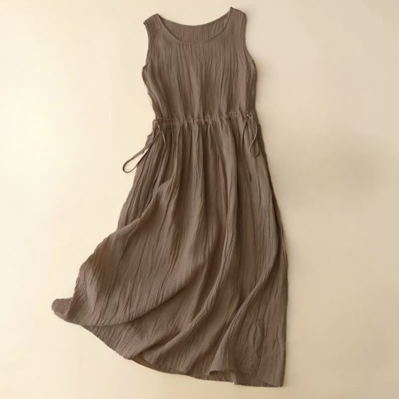 Robe midi sans manches à taille élastiquée et cordon de serrage, ornée de Buddha Stones et confectionnée à la main. - BurlyWood - US8-10，UK/AU12-14，EU40-42 (2XL) - image 0