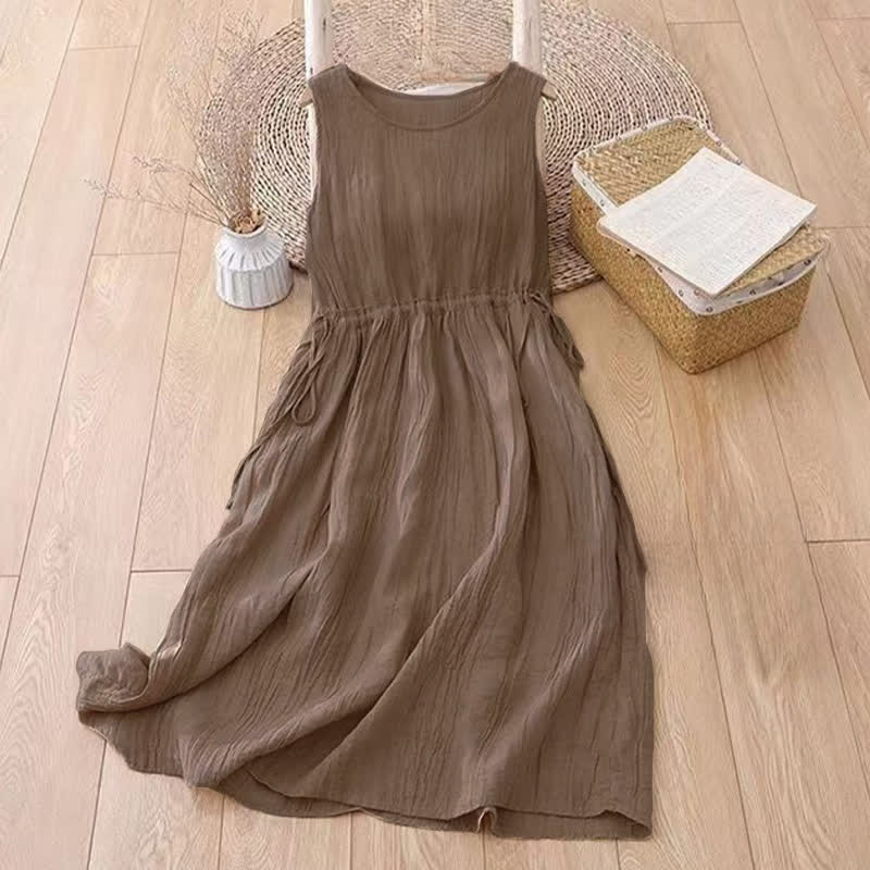 Robe midi sans manches à taille élastiquée et cordon de serrage, ornée de Buddha Stones et confectionnée à la main. - image 1