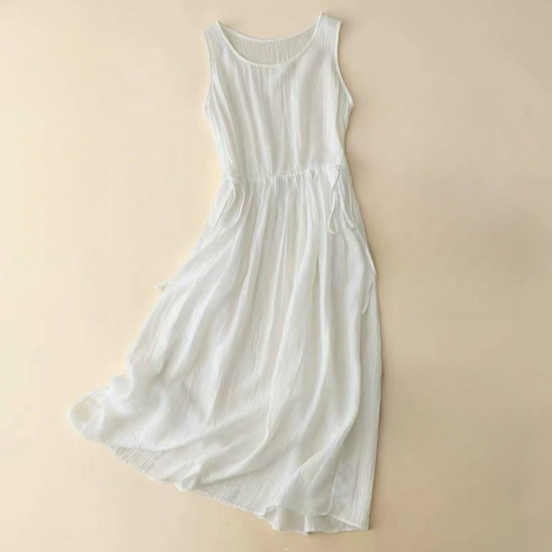 Robe midi sans manches à taille élastiquée et cordon de serrage, ornée de Buddha Stones et confectionnée à la main. - Blanc - US8-10，UK/AU12-14，EU40-42 (2XL) - image 8