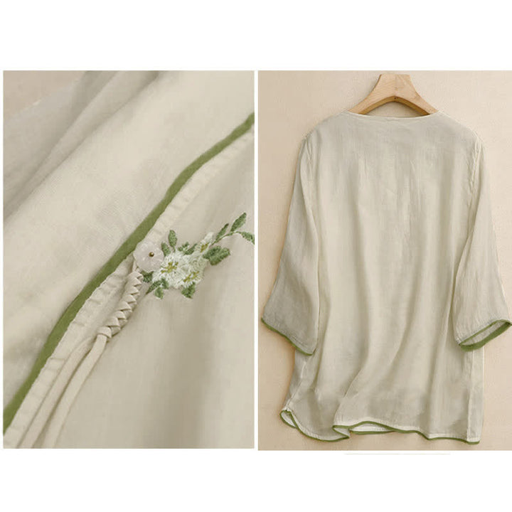 Chemise femme beige à manches trois-quarts, ornée de broderies florales et de feuilles vertes, avec motif de Buddha Stones - image 1