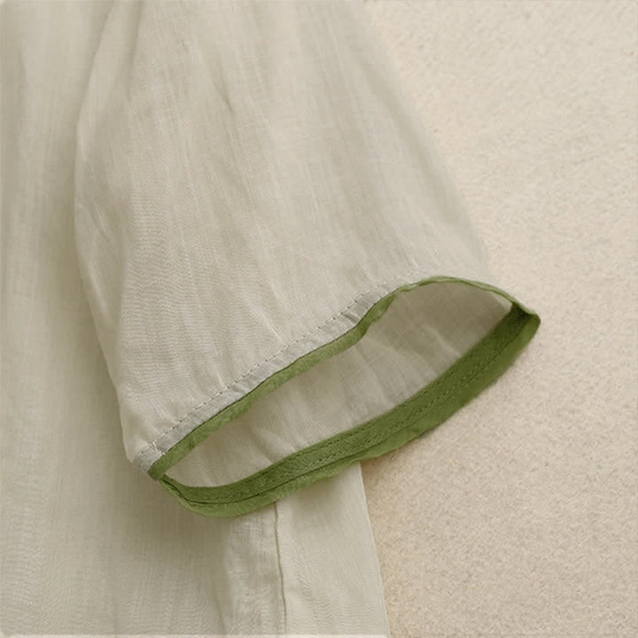 Chemise femme beige à manches trois-quarts, ornée de broderies florales et de feuilles vertes, avec motif de Buddha Stones - image 3