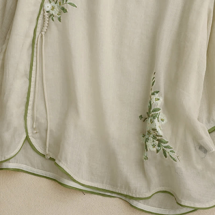 Chemise femme beige à manches trois-quarts, ornée de broderies florales et de feuilles vertes, avec motif de Buddha Stones - image 5