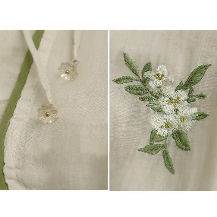 Chemise femme beige à manches trois-quarts, ornée de broderies florales et de feuilles vertes, avec motif de Buddha Stones - image 10