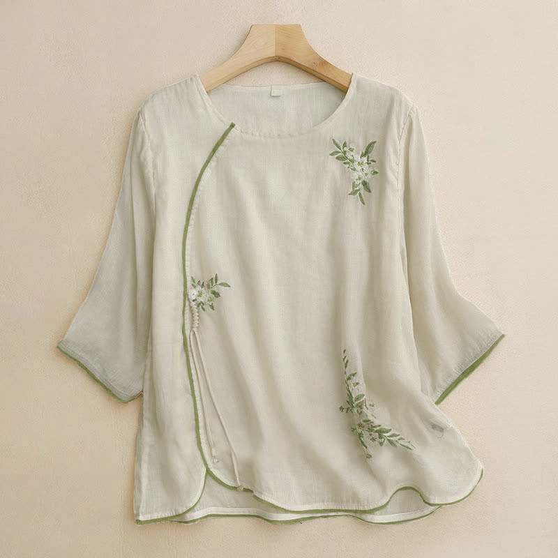 Chemise femme beige à manches trois-quarts, ornée de broderies florales et de feuilles vertes, avec motif de Buddha Stones - Beige - US12，UK/AU16，EU44 (2XL) - image 0