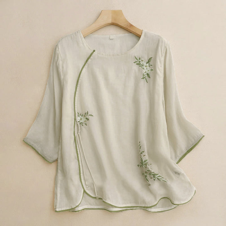 Chemise femme beige à manches trois-quarts, ornée de broderies florales et de feuilles vertes, avec motif de Buddha Stones - Beige - US12，UK/AU16，EU44 (2XL) - image 0