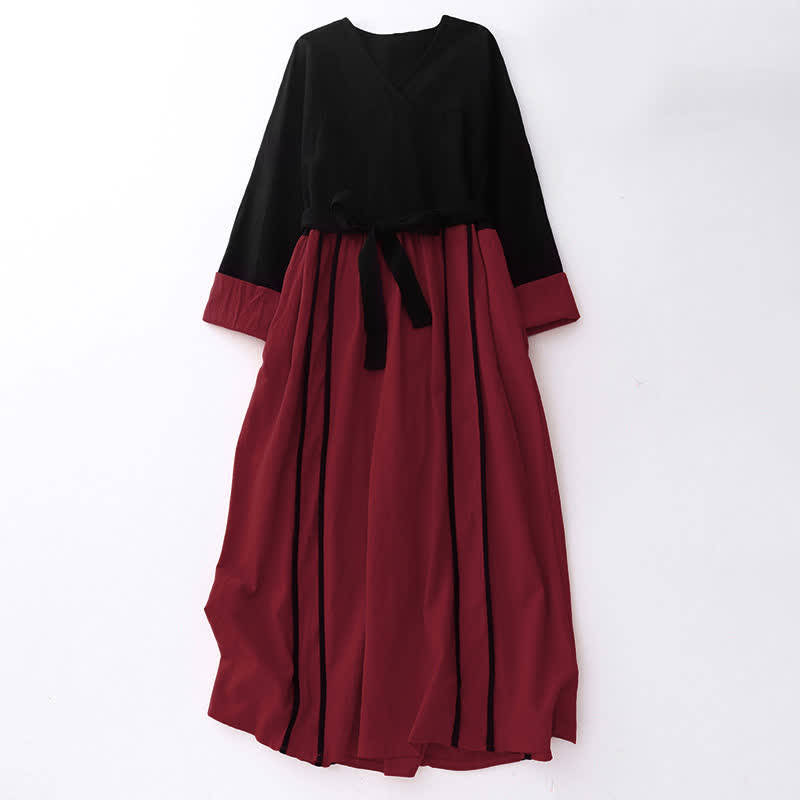 Robe midi à manches longues et poches pour femme, ornée de blocs de couleurs et de lacets, Buddha Stones - Cramoisi - US8-10，UK/AU12-14，EU40-42 (2XL) - image 0