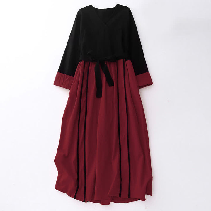 Robe midi à manches longues et poches pour femme, ornée de blocs de couleurs et de lacets, Buddha Stones - Cramoisi - US8-10，UK/AU12-14，EU40-42 (2XL) - image 0