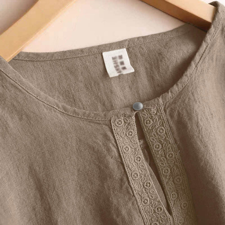 Chemise à manches trois-quarts pour femme, style décontracté, unie, à col rond ajouré, ornée de Buddha Stones - image 2
