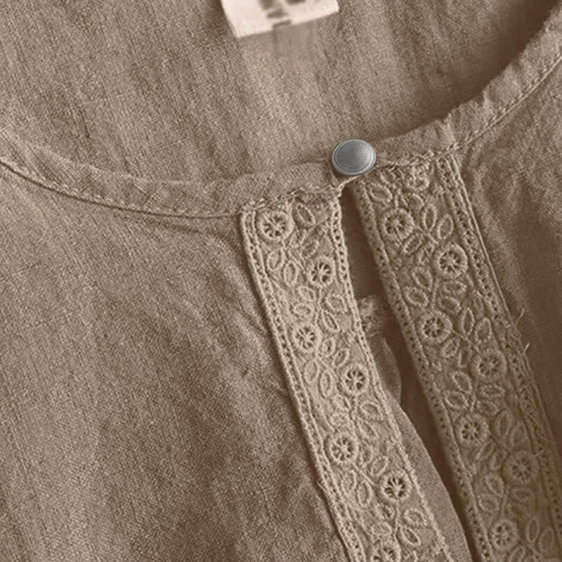 Chemise à manches trois-quarts pour femme, style décontracté, unie, à col rond ajouré, ornée de Buddha Stones - image 3