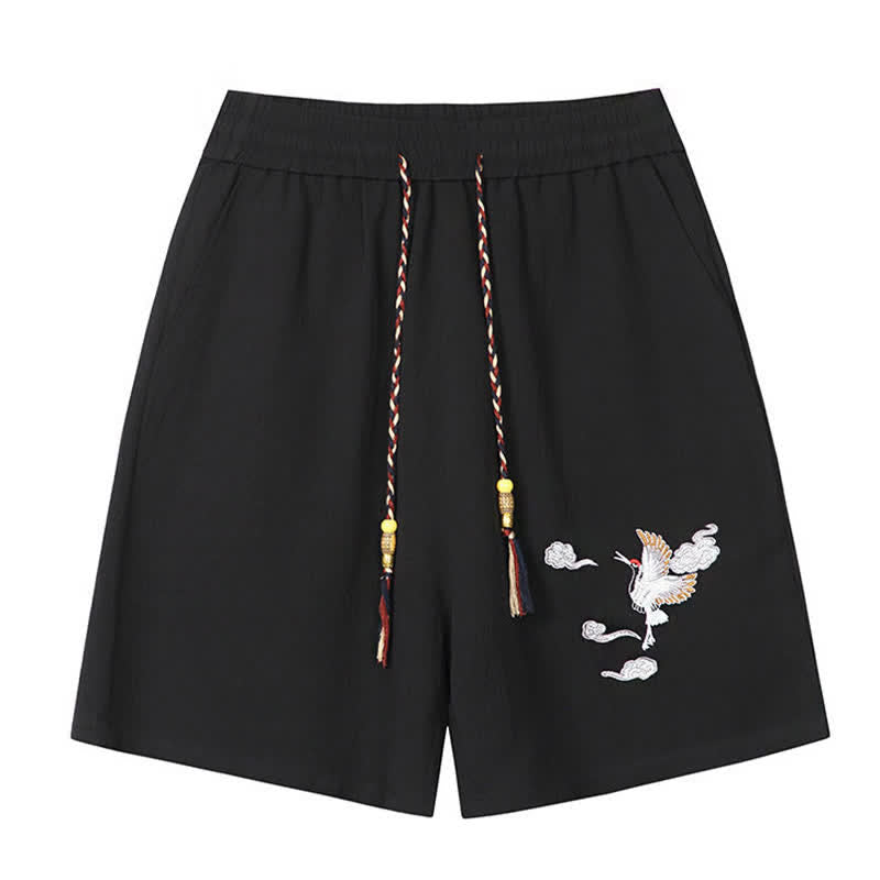 Buddha Stones Short d'été décontracté pour homme, style Tang, brodé de grues et de nuages ​​porte-bonheur, avec poches - image 2