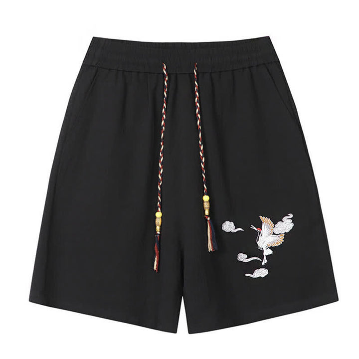 Buddha Stones Short d'été décontracté pour homme, style Tang, brodé de grues et de nuages ​​porte-bonheur, avec poches - image 2