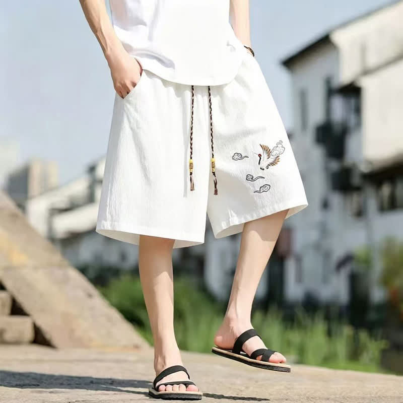 Buddha Stones Short d'été décontracté pour homme, style Tang, brodé de grues et de nuages ​​porte-bonheur, avec poches - image 5