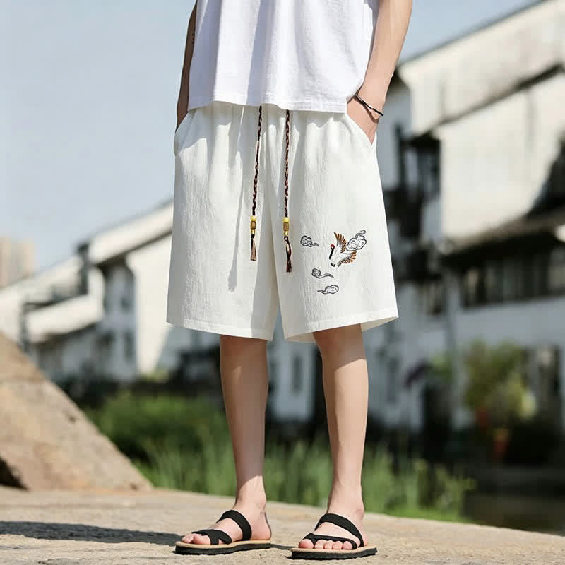 Buddha Stones Short d'été décontracté pour homme, style Tang, brodé de grues et de nuages ​​porte-bonheur, avec poches - image 4