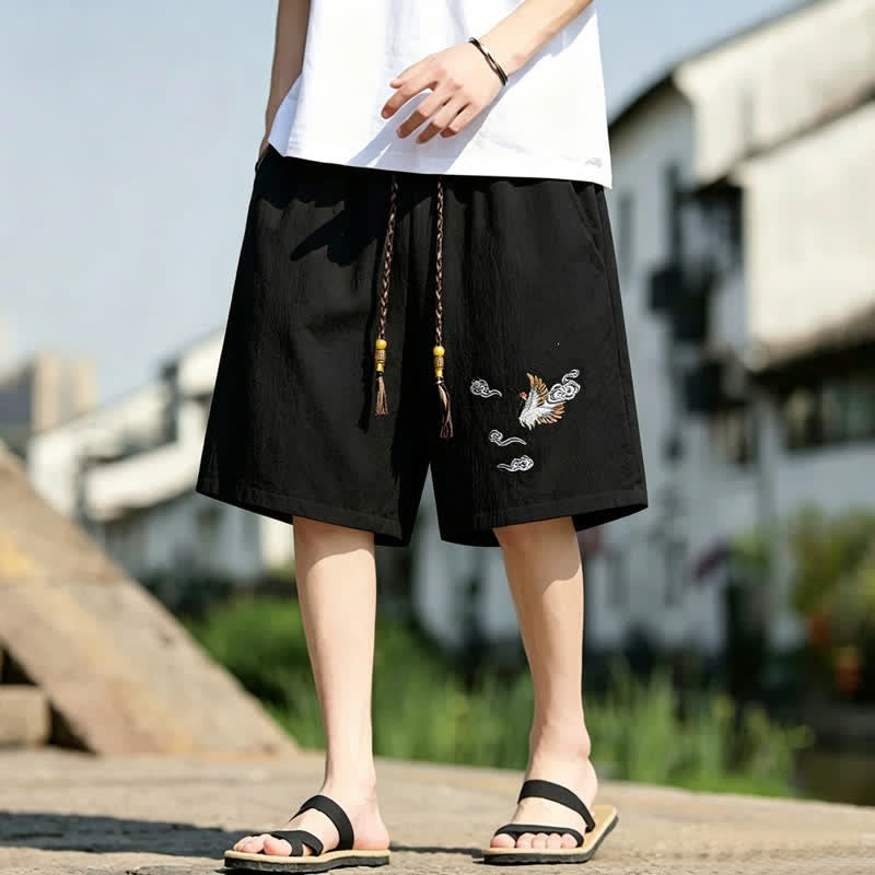 Buddha Stones Short d'été décontracté pour homme, style Tang, brodé de grues et de nuages ​​porte-bonheur, avec poches - Noir - US/UK/AU48, EU58 (6XL) - image 0