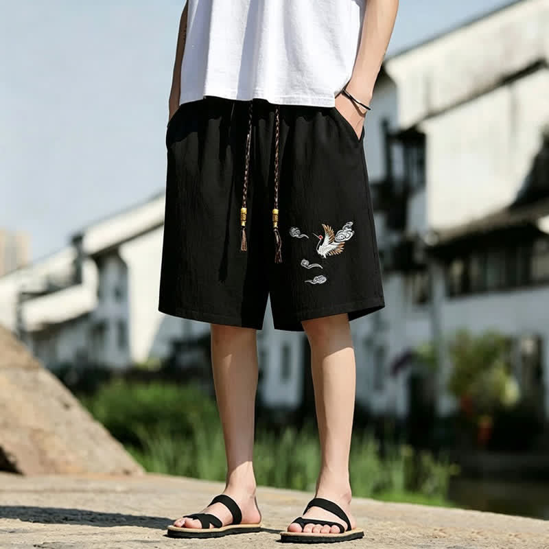Buddha Stones Short d'été décontracté pour homme, style Tang, brodé de grues et de nuages ​​porte-bonheur, avec poches - image 1