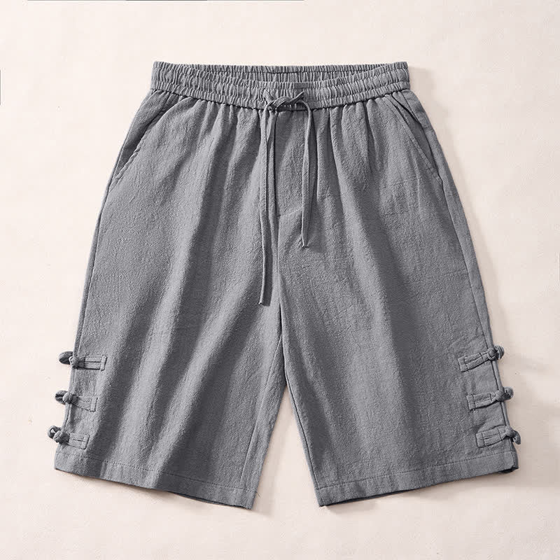Buddha Stones Short d'été minimaliste décontracté pour homme, à cordon de serrage, couleur unie, avec boutons brandebourg décoratifs sur le côté et poches. - Gris - US/UK/AU46, EU56 (5XL) - image 0