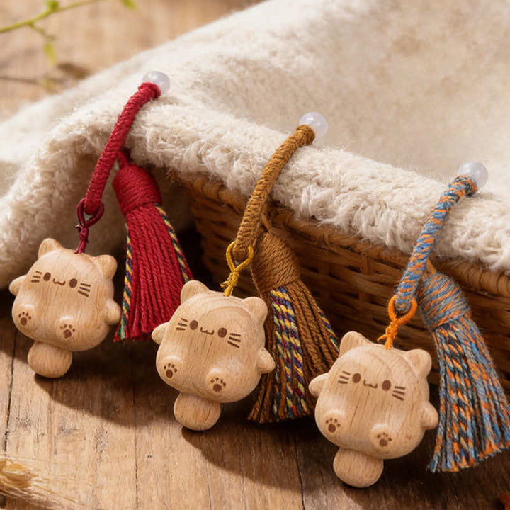 Buddha Stones Porte-clés équilibre chat porte-bonheur en bois naturel sculpté à la main - image 0