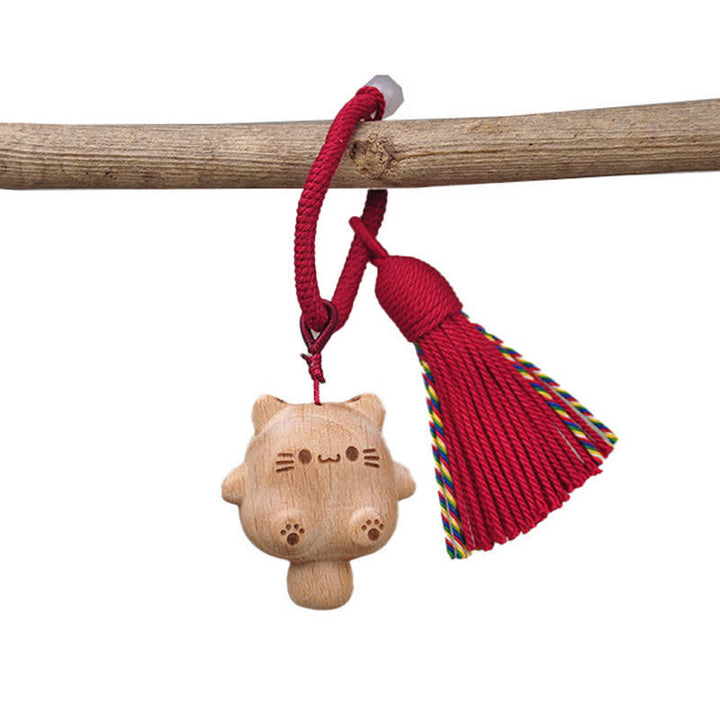 Buddha Stones Porte-clés équilibre chat porte-bonheur en bois naturel sculpté à la main - Bourgogne - image 6