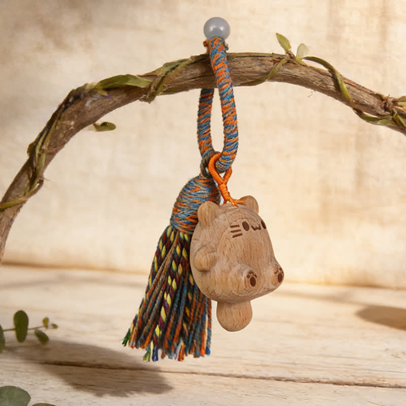 Buddha Stones Porte-clés équilibre chat porte-bonheur en bois naturel sculpté à la main - image 2