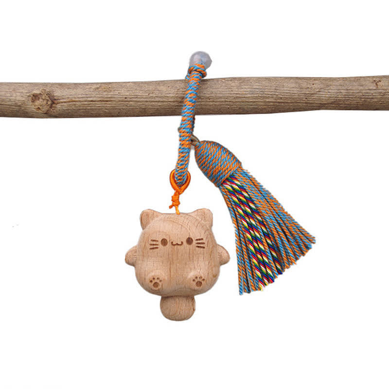 Buddha Stones Porte-clés équilibre chat porte-bonheur en bois naturel sculpté à la main - Bleu - image 1