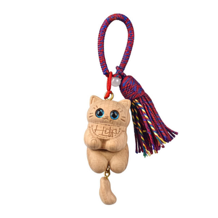 Buddha Stones Porte-clés Simplicité Chat Pompon en Bois Naturel Sculpté - Magenta - image 7