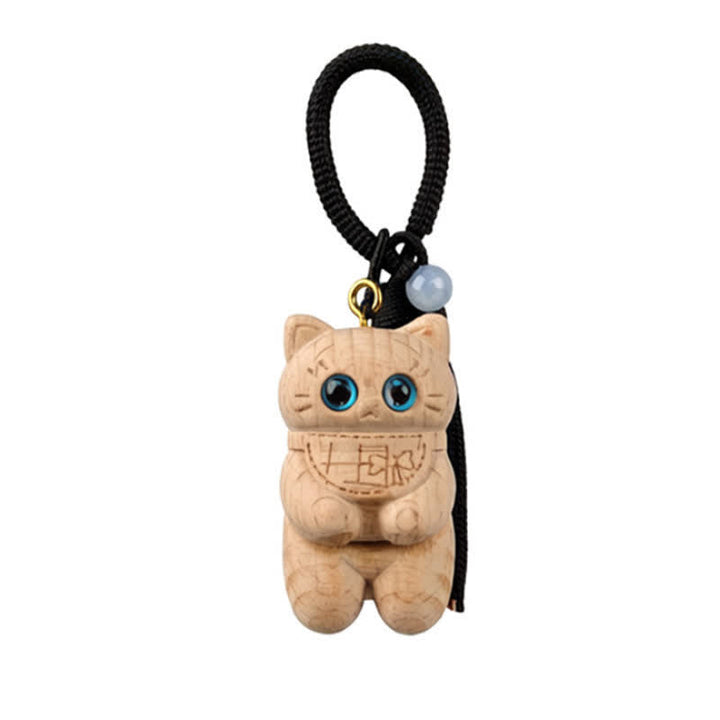 Buddha Stones Porte-clés Simplicité Chat Pompon en Bois Naturel Sculpté - Noir - image 8