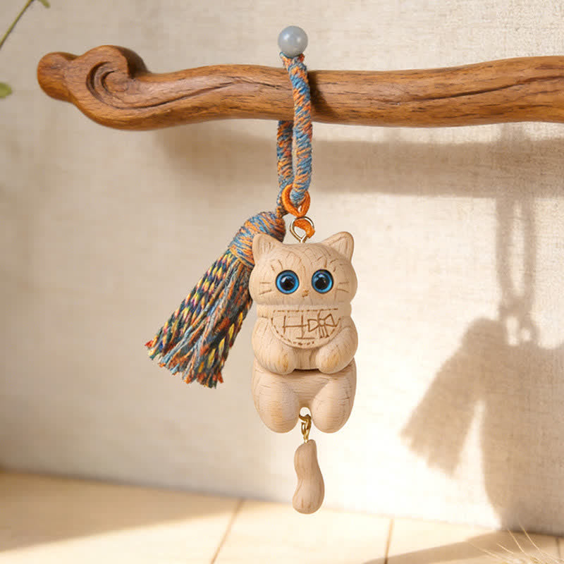 Buddha Stones Porte-clés Simplicité Chat Pompon en Bois Naturel Sculpté - Bleu - image 0