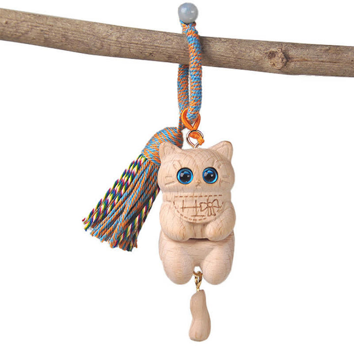 Buddha Stones Porte-clés Simplicité Chat Pompon en Bois Naturel Sculpté - image 3