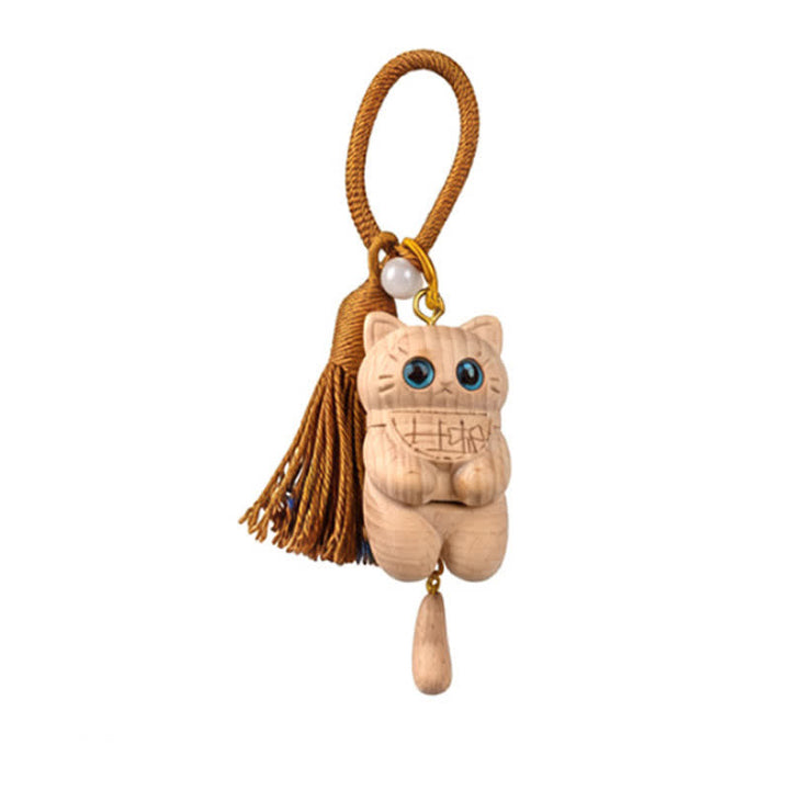 Buddha Stones Porte-clés Simplicité Chat Pompon en Bois Naturel Sculpté - Brun - image 4