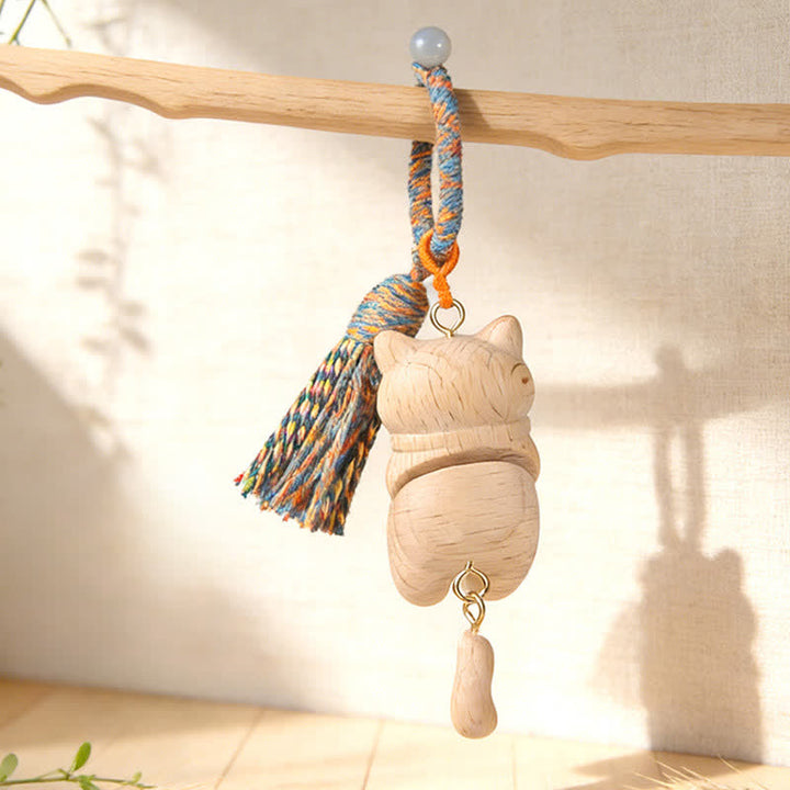 Buddha Stones Porte-clés Simplicité Chat Pompon en Bois Naturel Sculpté - image 1