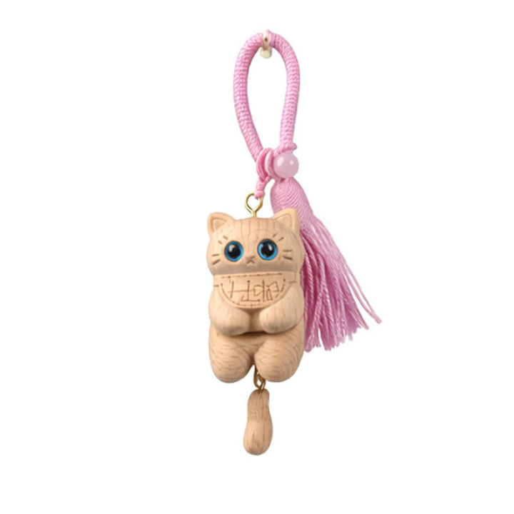 Buddha Stones Porte-clés Simplicité Chat Pompon en Bois Naturel Sculpté - Rose - image 6