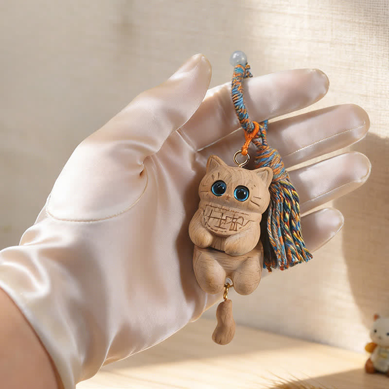 Buddha Stones Porte-clés Simplicité Chat Pompon en Bois Naturel Sculpté - image 2