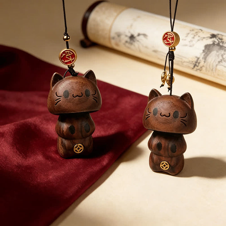 Buddha Stones Porte-clés chat mignon en bois de pêcher naturel sculpté - image 6