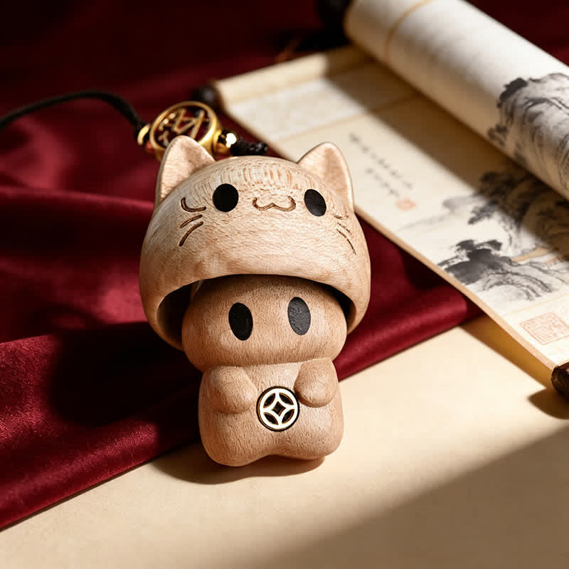 Buddha Stones Porte-clés chat mignon en bois de pêcher naturel sculpté - Bois - image 0