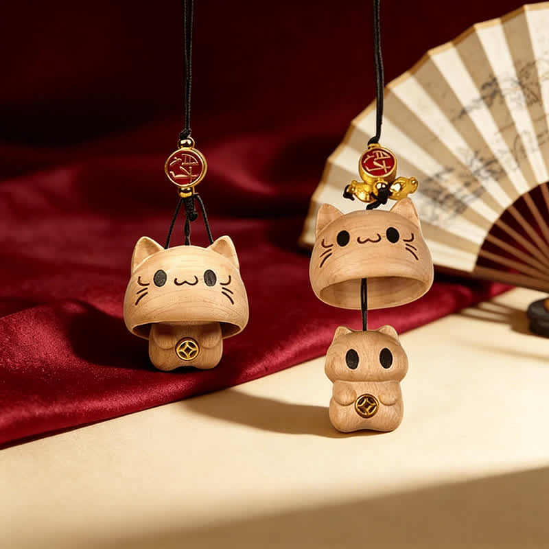 Buddha Stones Porte-clés chat mignon en bois de pêcher naturel sculpté - image 2