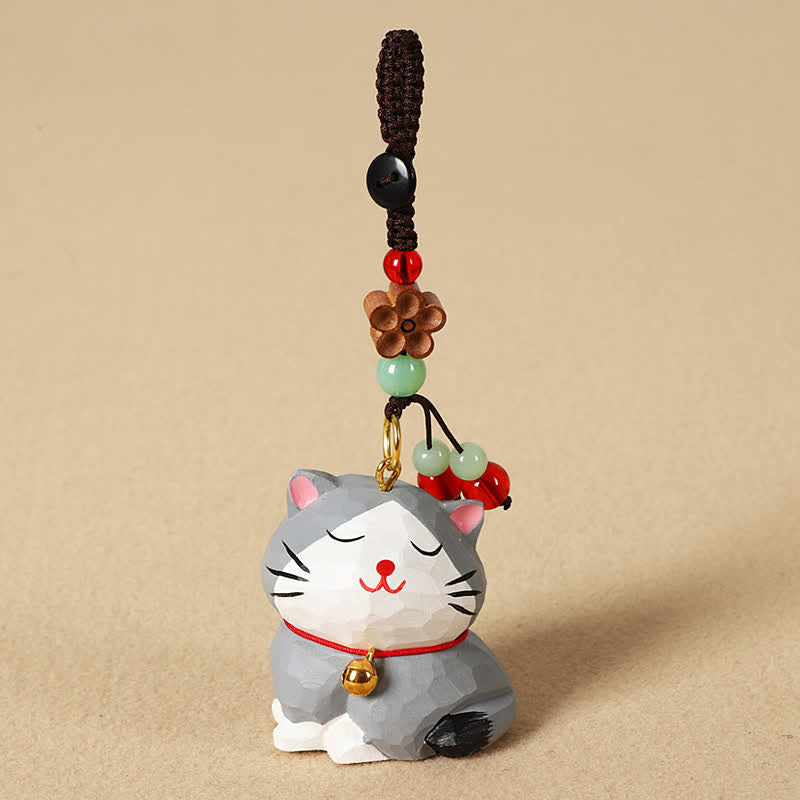 Buddha Stones Porte-clés en bois sculpté représentant un chat Om Mani Padme Hum - Chat gris - image 12