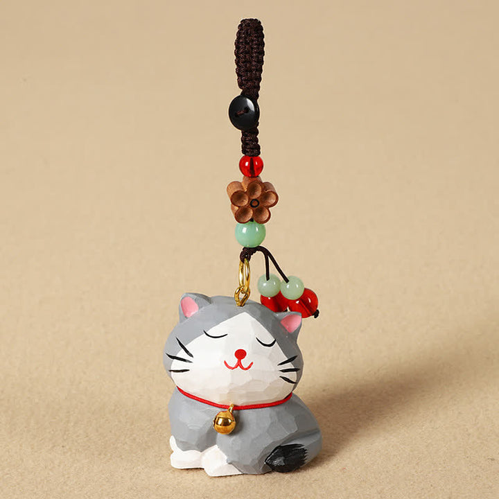 Buddha Stones Porte-clés en bois sculpté représentant un chat Om Mani Padme Hum - Chat gris - image 12