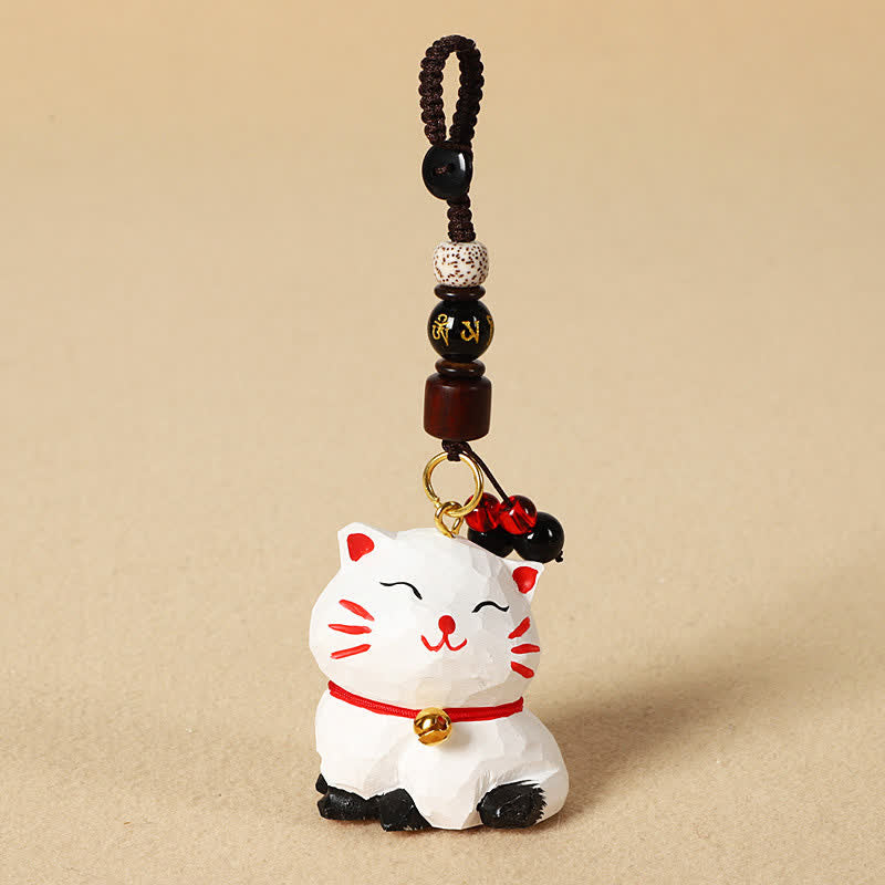 Buddha Stones Porte-clés en bois sculpté représentant un chat Om Mani Padme Hum - Om Mani Padme Hum Chat Blanc - image 8