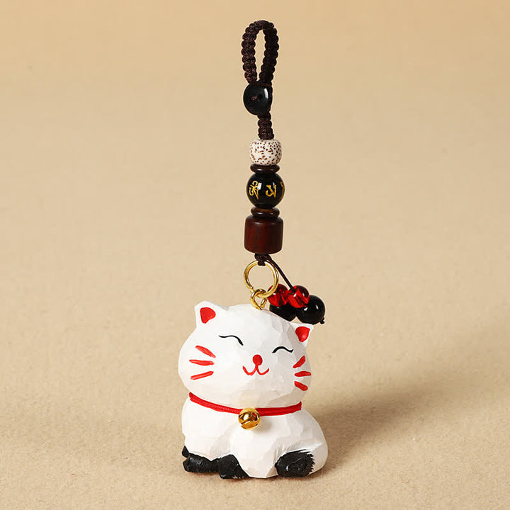 Buddha Stones Porte-clés en bois sculpté représentant un chat Om Mani Padme Hum - Om Mani Padme Hum Chat Blanc - image 8
