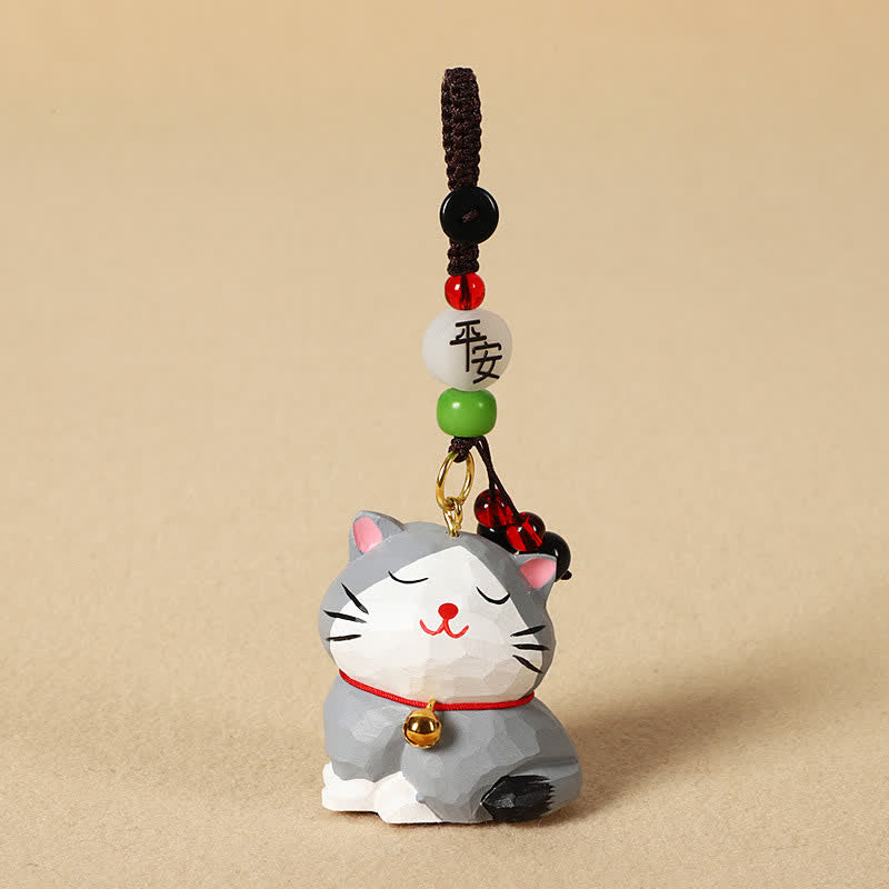 Buddha Stones Porte-clés en bois sculpté représentant un chat Om Mani Padme Hum - Chat gris paisible - image 13