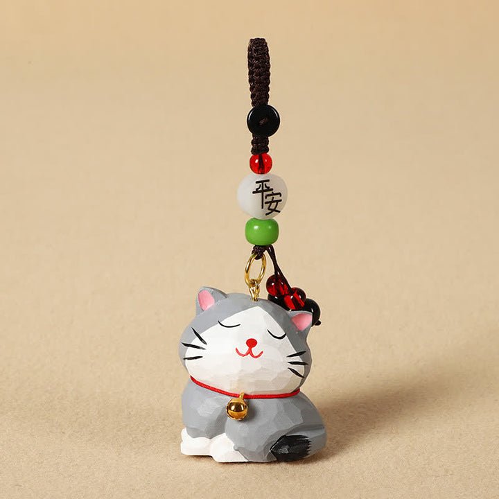 Buddha Stones Porte-clés en bois sculpté représentant un chat Om Mani Padme Hum - Chat gris paisible - image 13