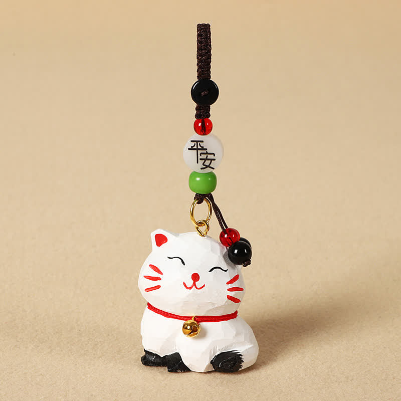 Buddha Stones Porte-clés en bois sculpté représentant un chat Om Mani Padme Hum - Chat blanc paisible - image 7