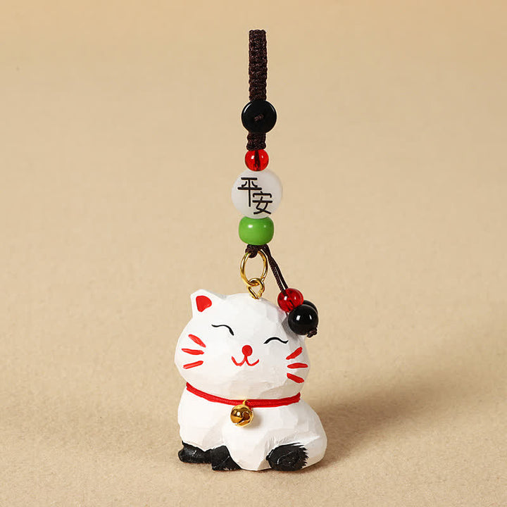 Buddha Stones Porte-clés en bois sculpté représentant un chat Om Mani Padme Hum - Chat blanc paisible - image 7