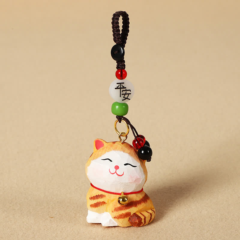 Buddha Stones Porte-clés en bois sculpté représentant un chat Om Mani Padme Hum - Chat orange paisible - image 2