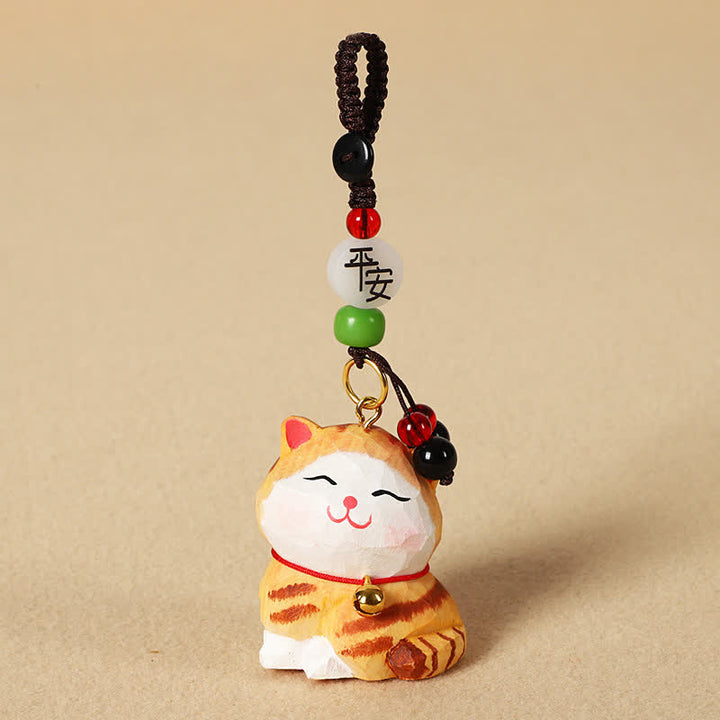 Buddha Stones Porte-clés en bois sculpté représentant un chat Om Mani Padme Hum - Chat orange paisible - image 2