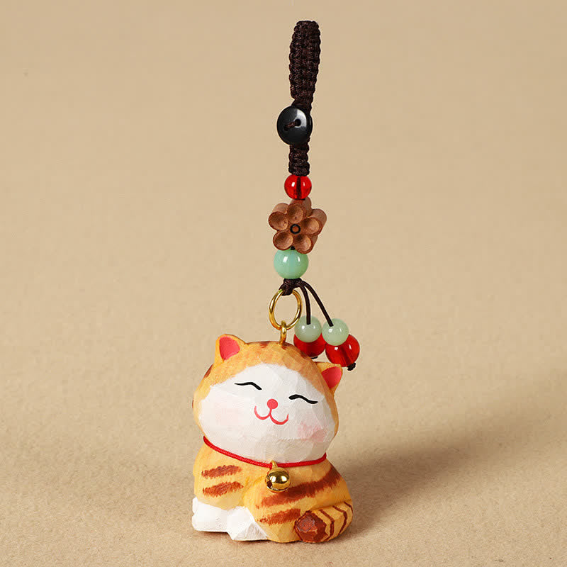 Buddha Stones Porte-clés en bois sculpté représentant un chat Om Mani Padme Hum - image 1