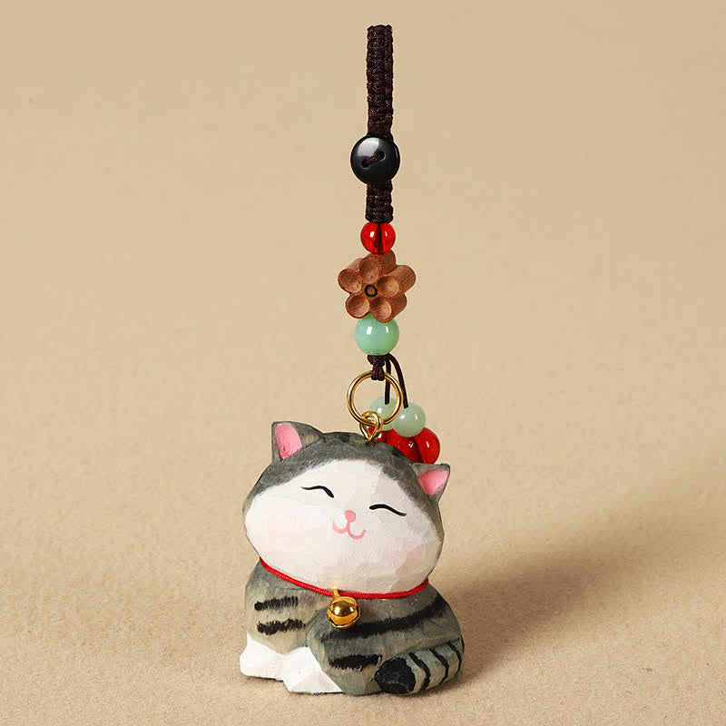 Buddha Stones Porte-clés en bois sculpté représentant un chat Om Mani Padme Hum - Chat rayé - image 9
