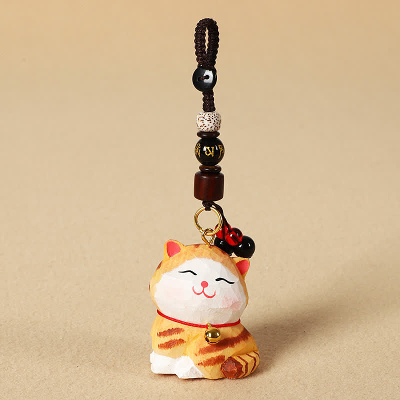 Buddha Stones Porte-clés en bois sculpté représentant un chat Om Mani Padme Hum - Om Mani Padme Hum Chat Orange - image 3