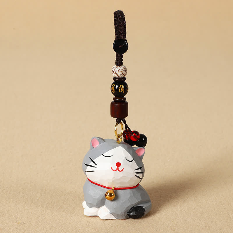 Buddha Stones Porte-clés en bois sculpté représentant un chat Om Mani Padme Hum - Om Mani Padme Hum Chat Gris - image 14