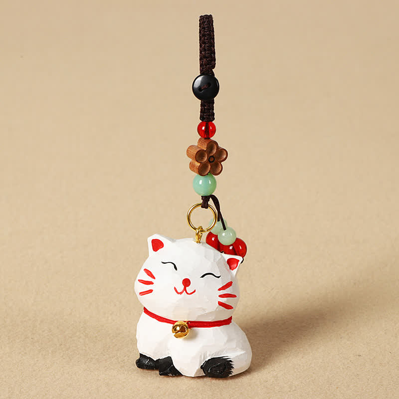 Buddha Stones Porte-clés en bois sculpté représentant un chat Om Mani Padme Hum - Chat blanc - image 6